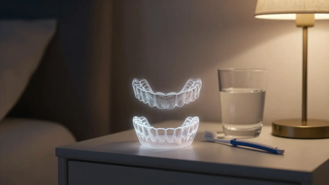 Noční štít na nočním stolku, symbolizující ochranu zubních fazet při brusnutí.