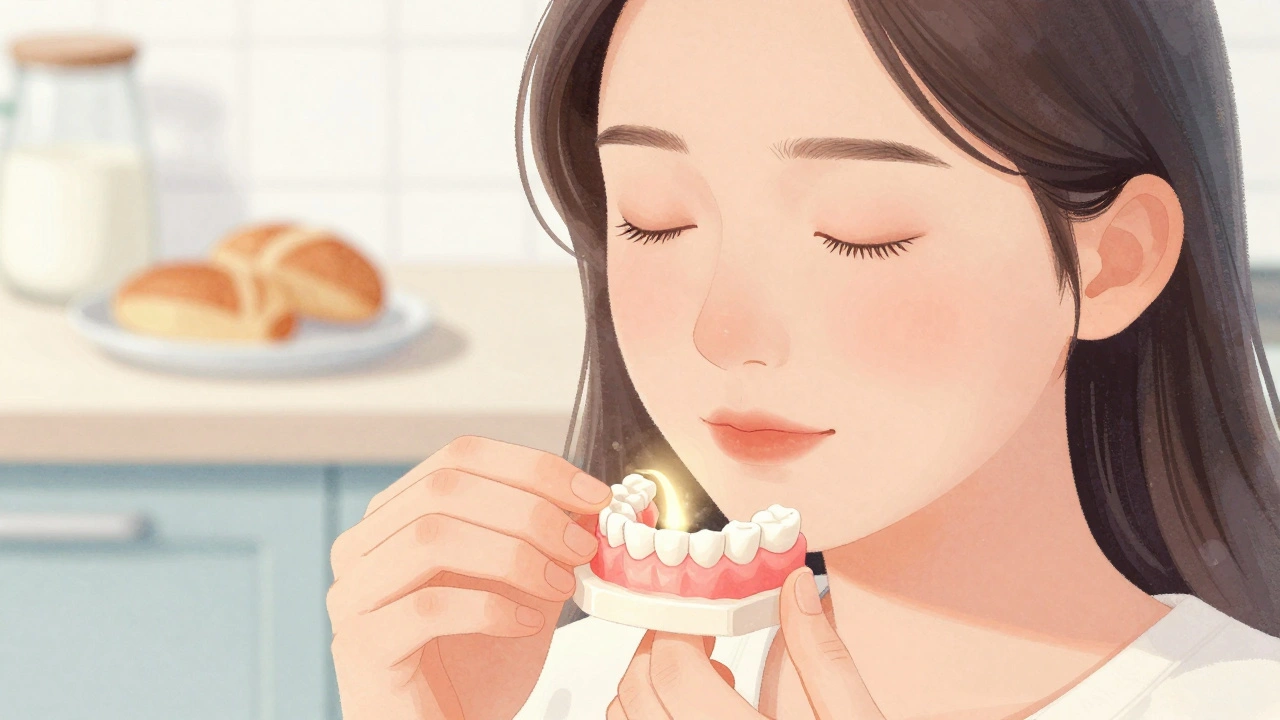 Osoba jemně stiskne protézu do úst, zatímco lepidlo aktivuje.