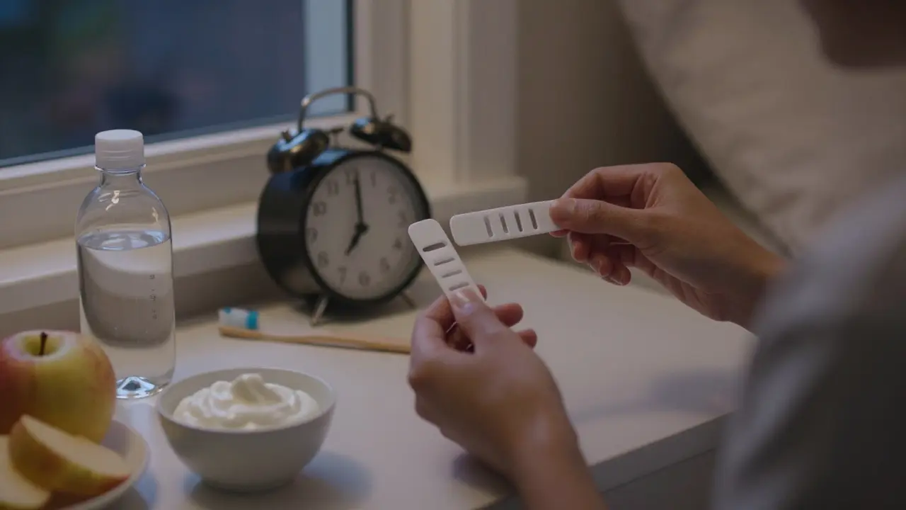 Osoba používá bělící lihovku doma večer, vedle ní voda, zubní pasta a zdravé svačiny.