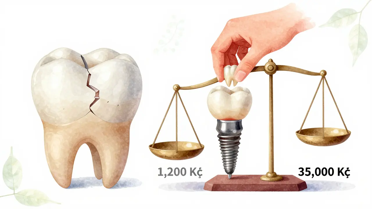 Porovnání levné plomby a drahé korunky na předním zubu.