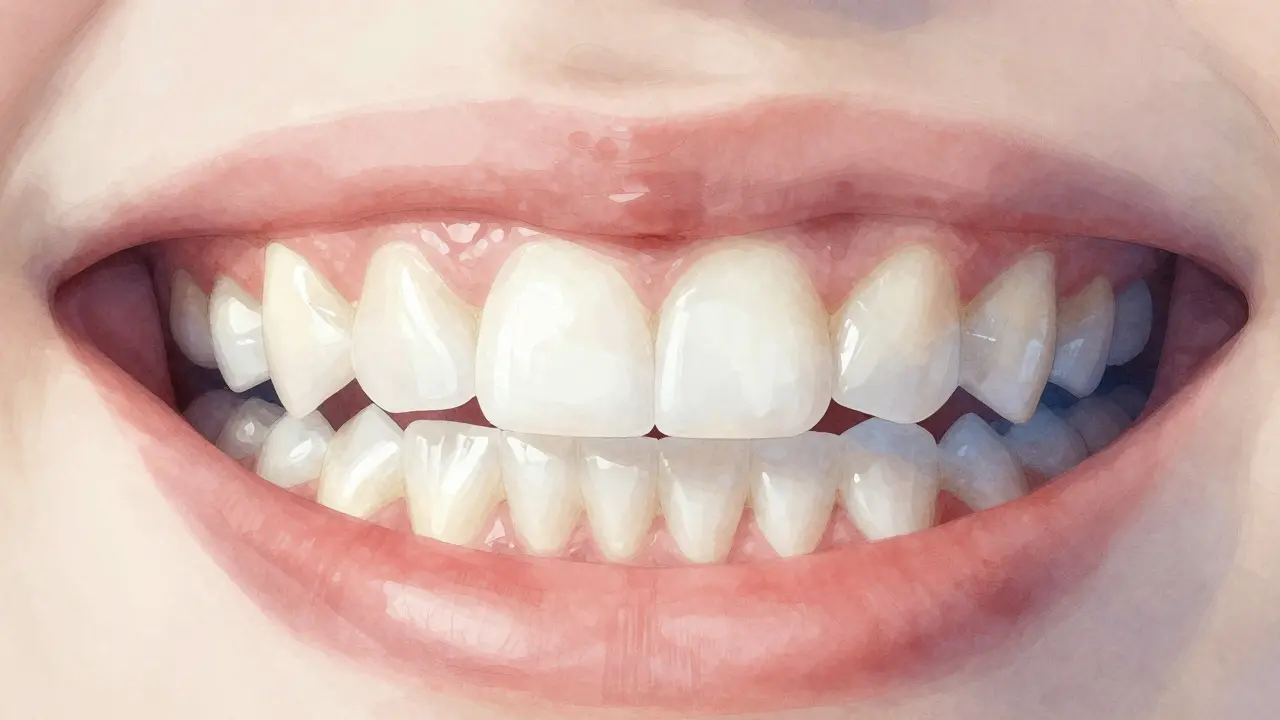 Porovnání ostrých a vyhlazených hran řezných zubů v přirozené anatomii úst.