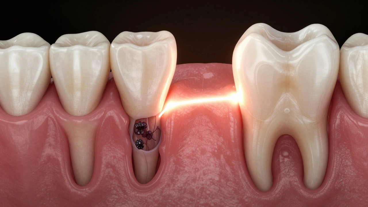 Porovnání poškozené a uzdravené dásně po kyretáži zubů.