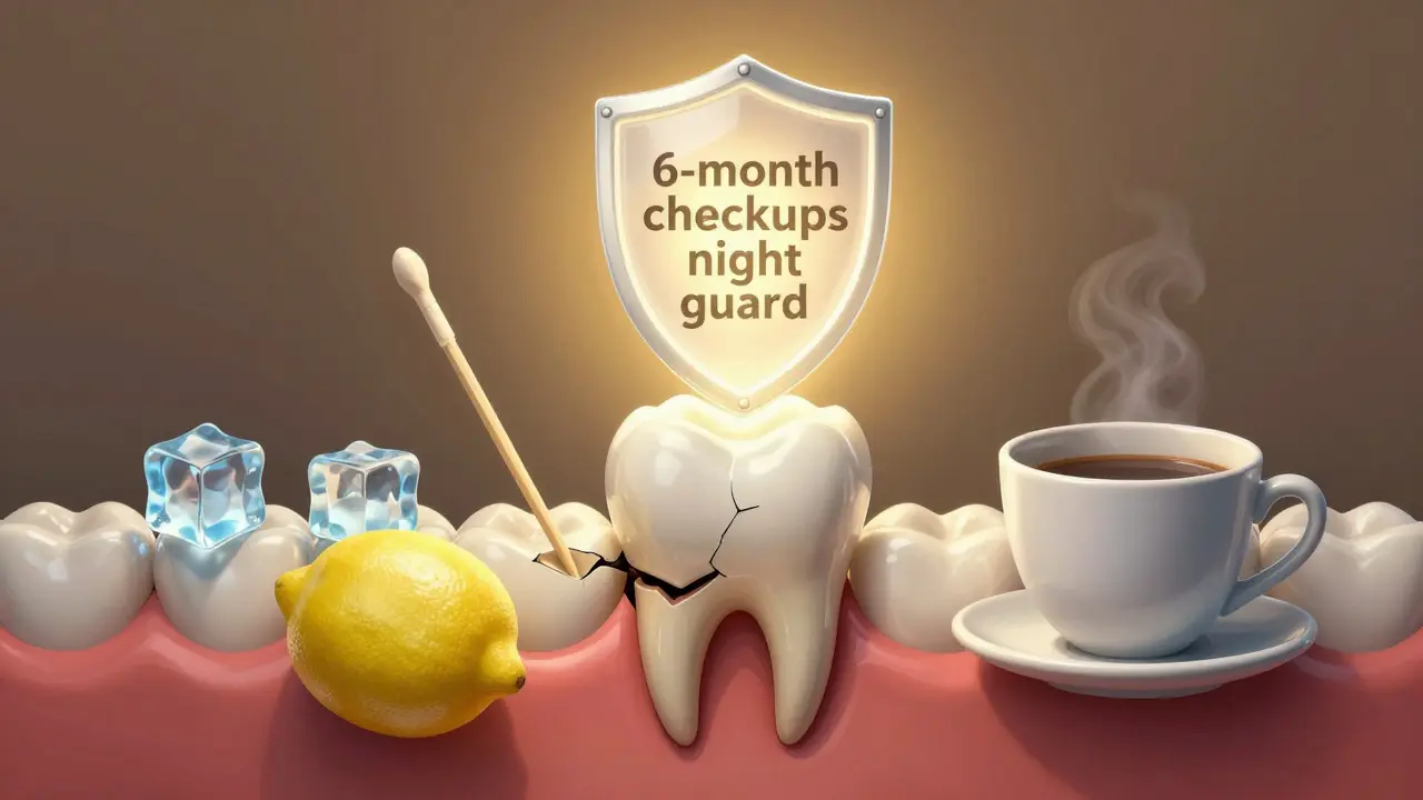 Poškozená fazeta s kariesem pod ní a symboly nebezpečných zvyků kolem.