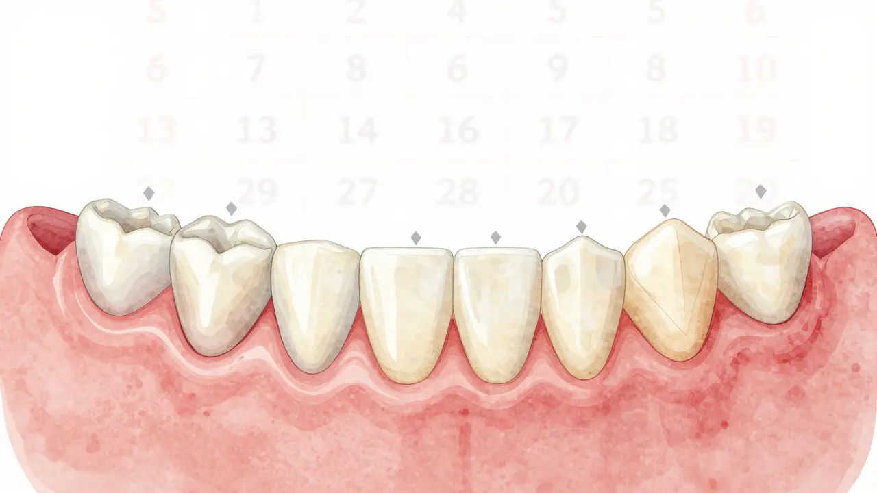 Přehled vývoje trvalých zubů u dítěte pod dásními v chronologickém pořadí.