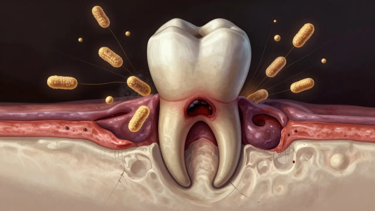 Příčný řez čelistí s infekcí šířící se kolem kořene zubu a ničící kost.