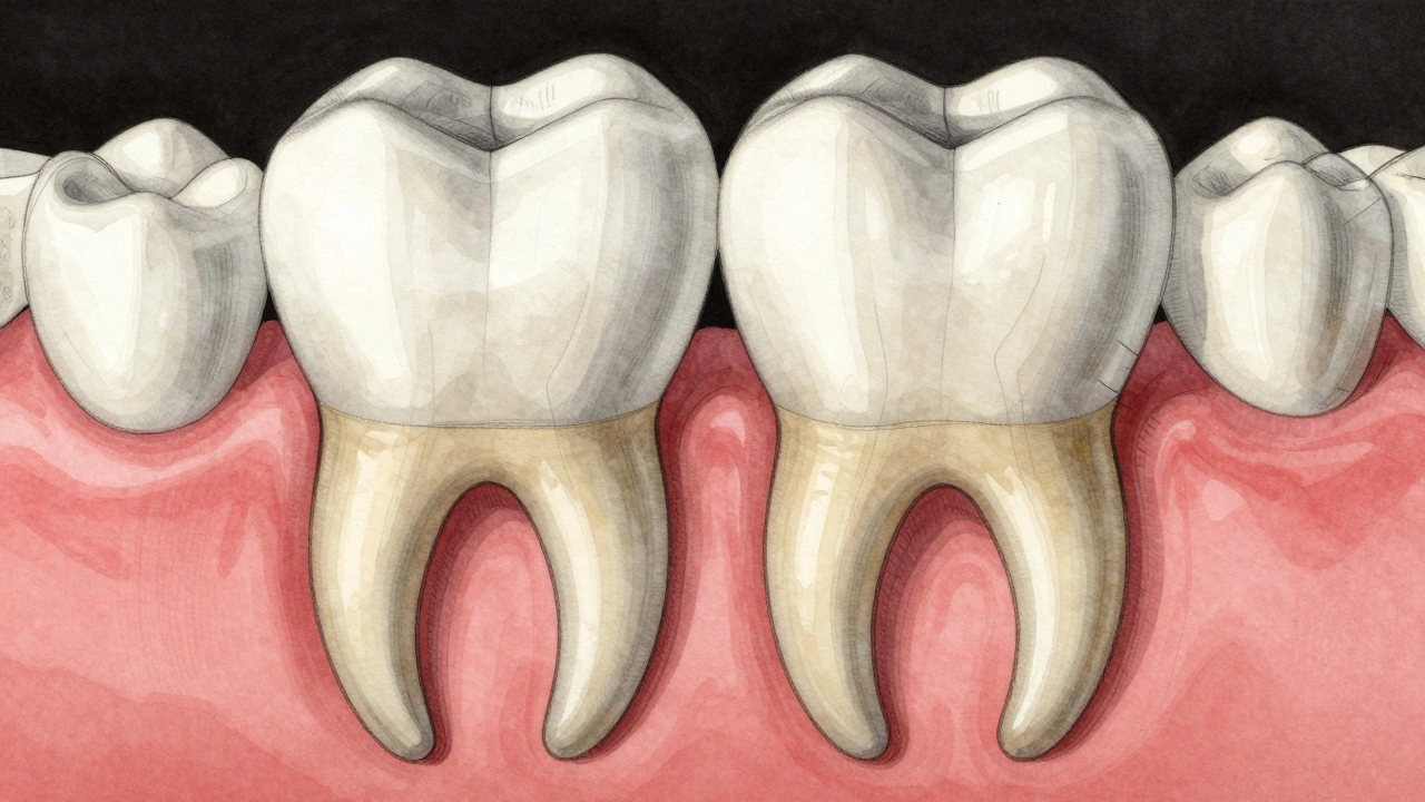 Příčný řez dolní čelistí s rozdíly v kořenech prvního a druhého premoláru.