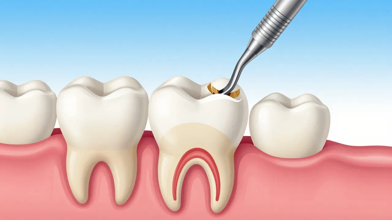 Příčný řez zubu ukazující minimální odstranění skloviny nad zdravým pultem.
