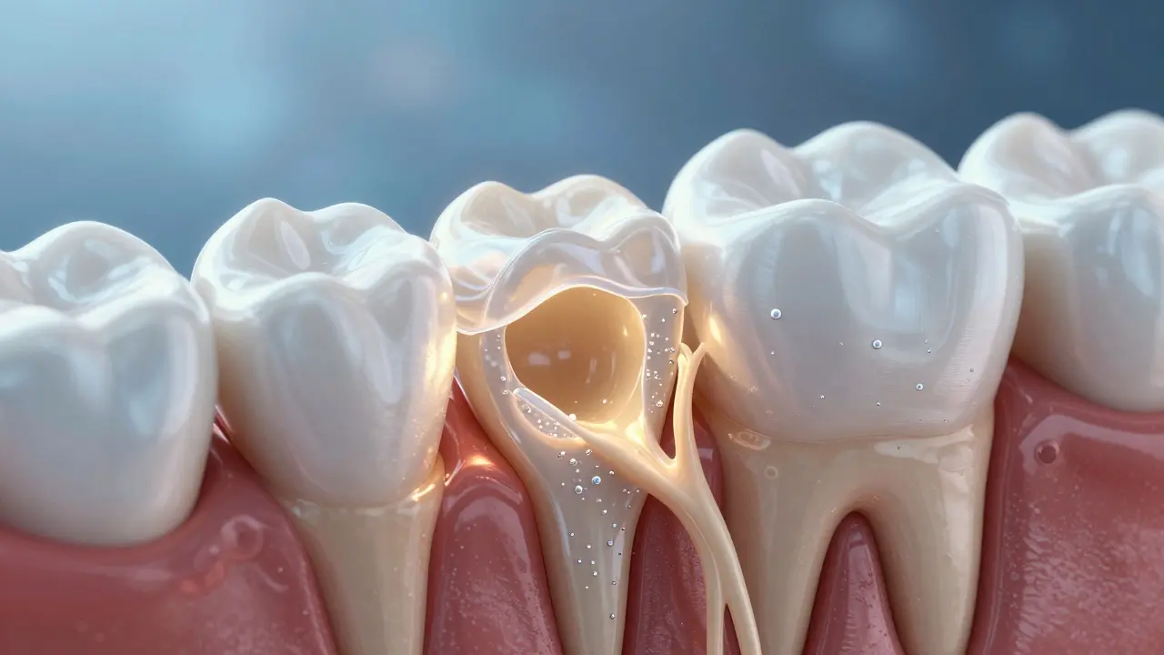 Řez zubem s mikroskopickými kanálky a fluoridovou ochrannou vrstvou.