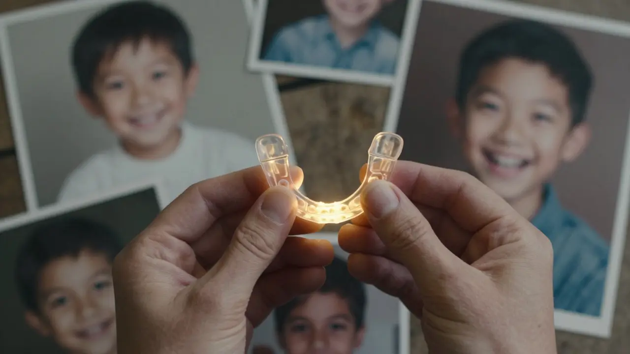 Ruce drží ortodontický reténer nad starými fotkami dětství.