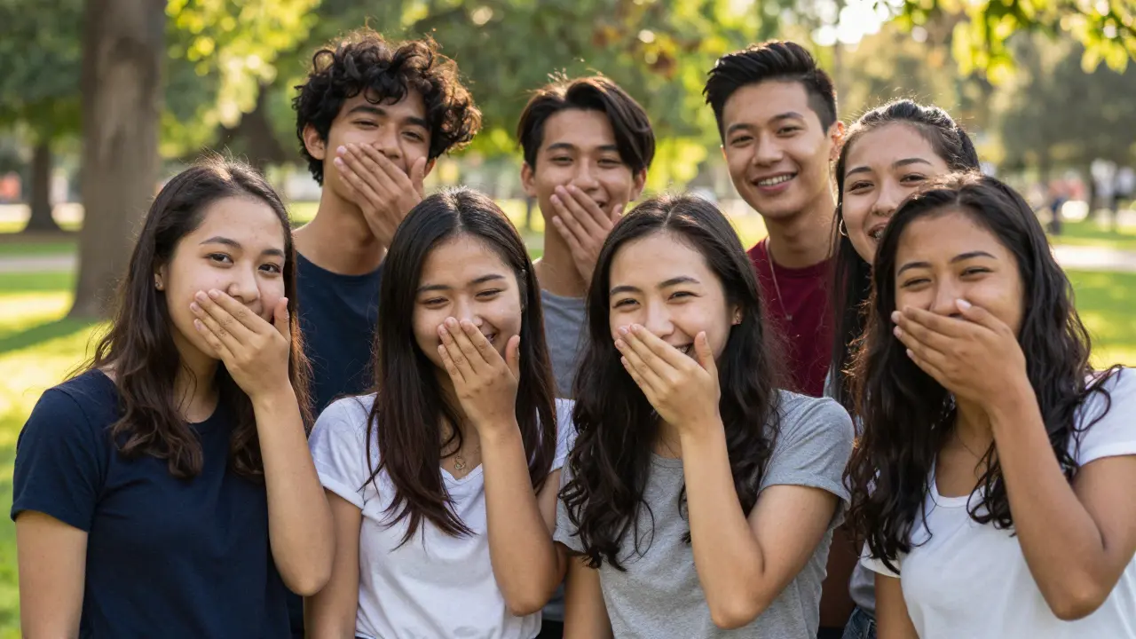 Různí lidé v parku smějí se otevřeně, bez skrývání úst.