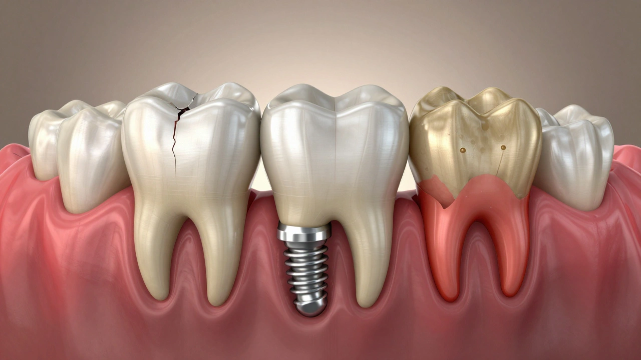 Side-by-side comparison of healthy, damaged, and restored teeth in a transparent jawbone.