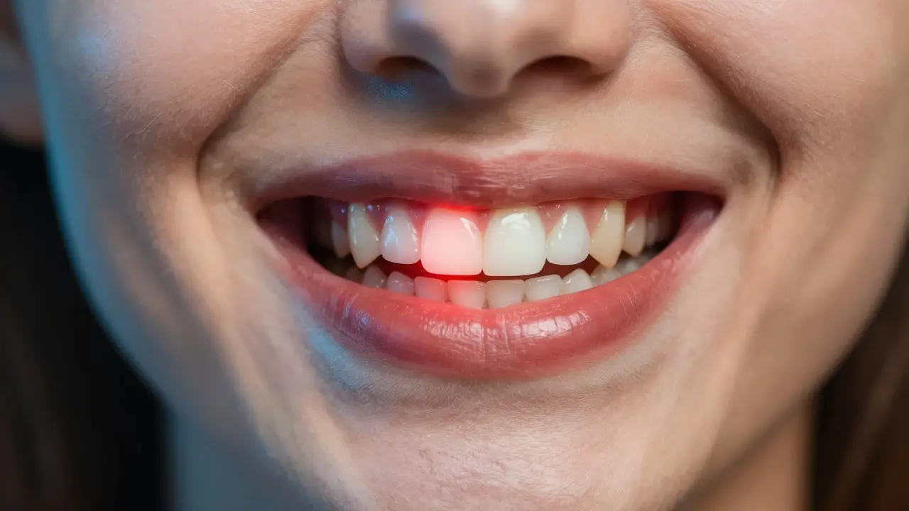 Smích s jedním zánětlivě zářícím předním zubem a dvojí scénou v pozadí.