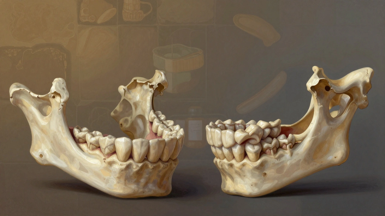 Srovnání pravěké a moderní čelisti s přeplněnými zuby