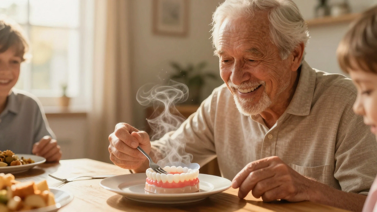 Starší člověk se směje při jídle s rodinou, protéza je pevně na místě.