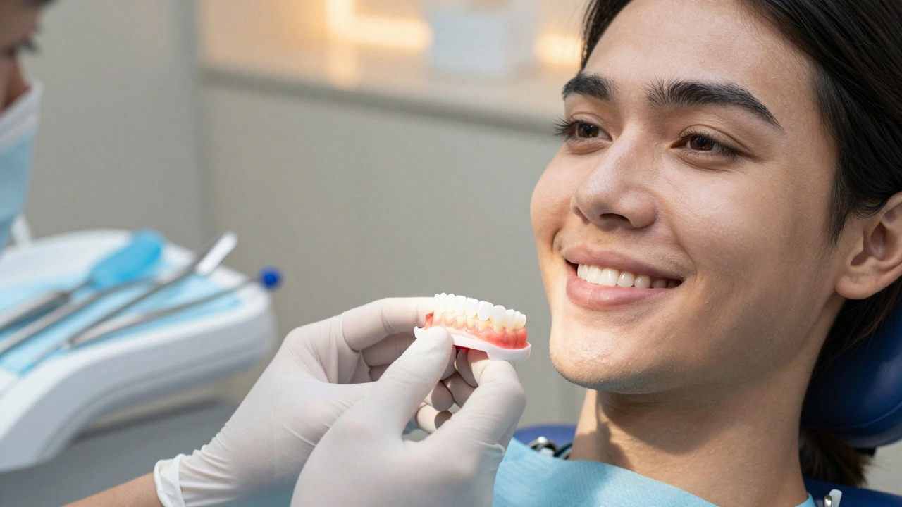 Stomatolog porovnává přirozeně zbarvené zuby s porcelánovou vložkou v klinice.