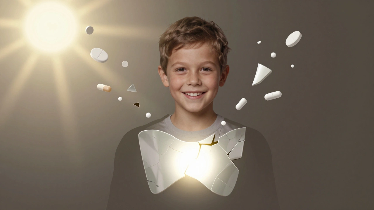 Symbolický obraz osoby s tetracyklinovou pigmentací, kde vložka připomíná ochranný štít.