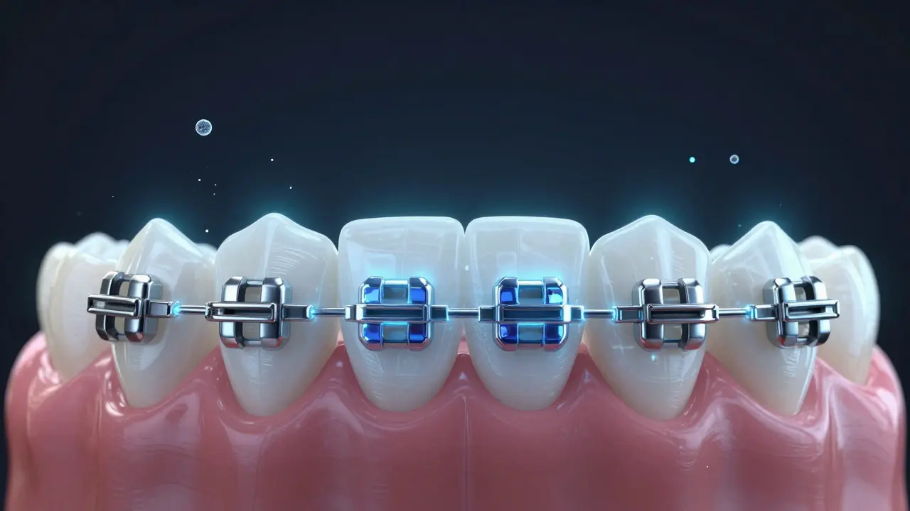 Three types of orthodontic brackets bonded to teeth with glowing adhesive showing fluoride release.