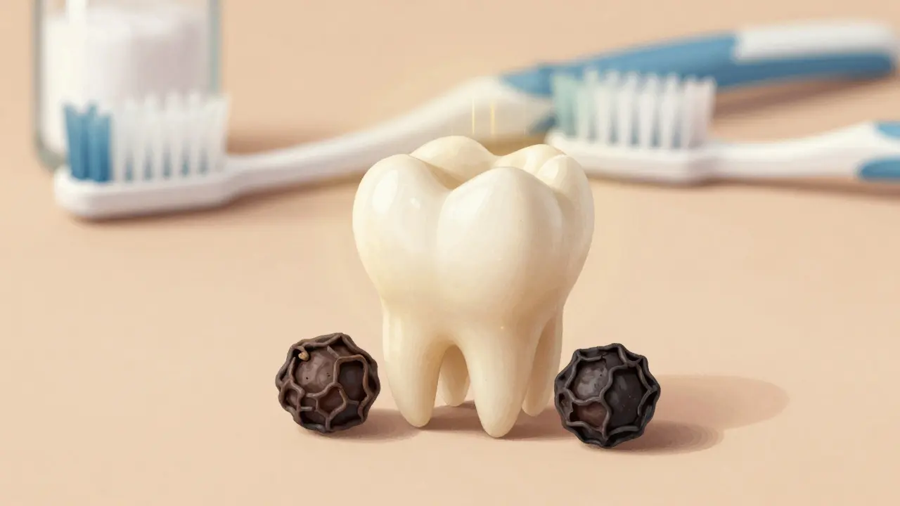 Tři černé pepřové zrnka přiložená k přednímu zubu s jemným zářením.