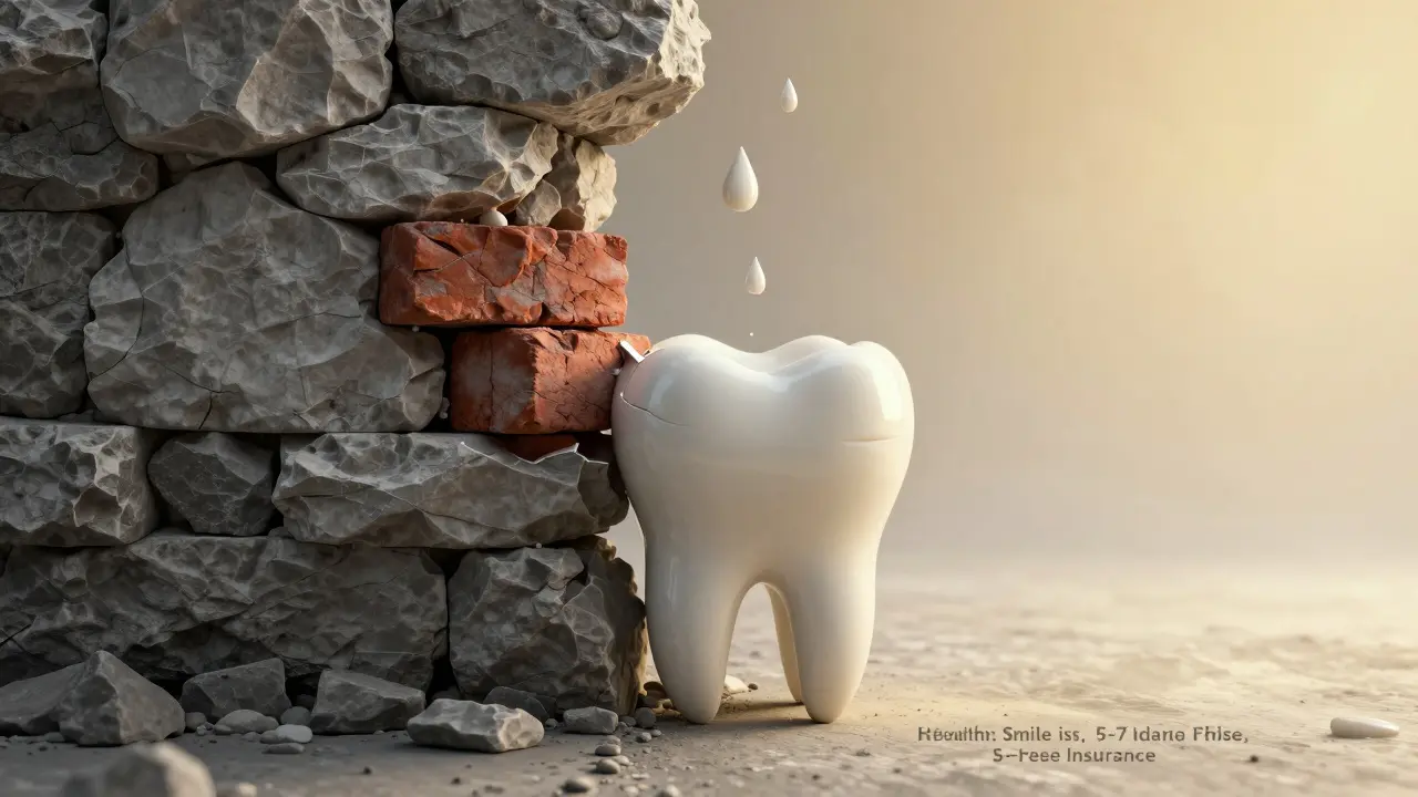 Ulomený zub jako zničená zeď s opravou, která vede k zdravému úsměvu.