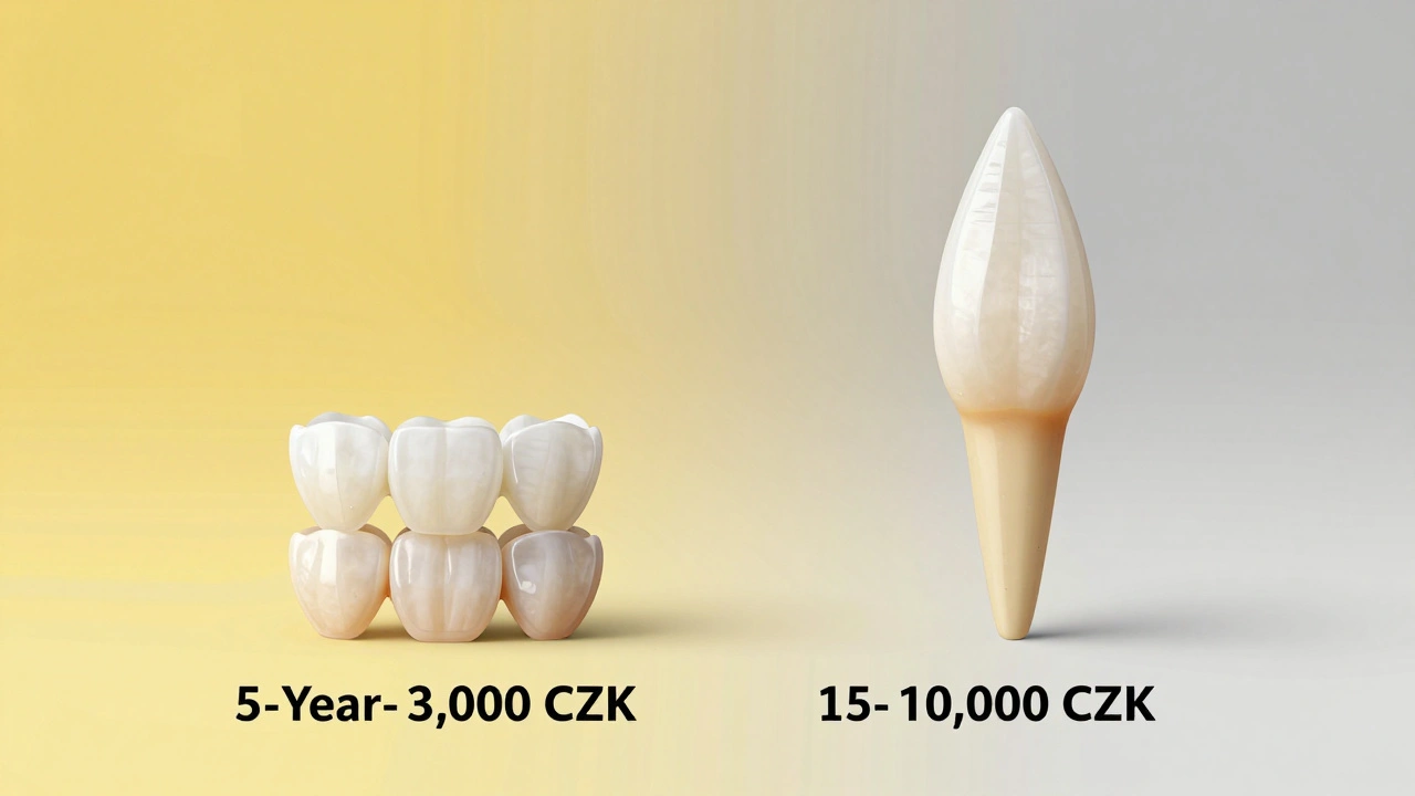 Visual comparison of three composite veneers versus one ceramic veneer over time.