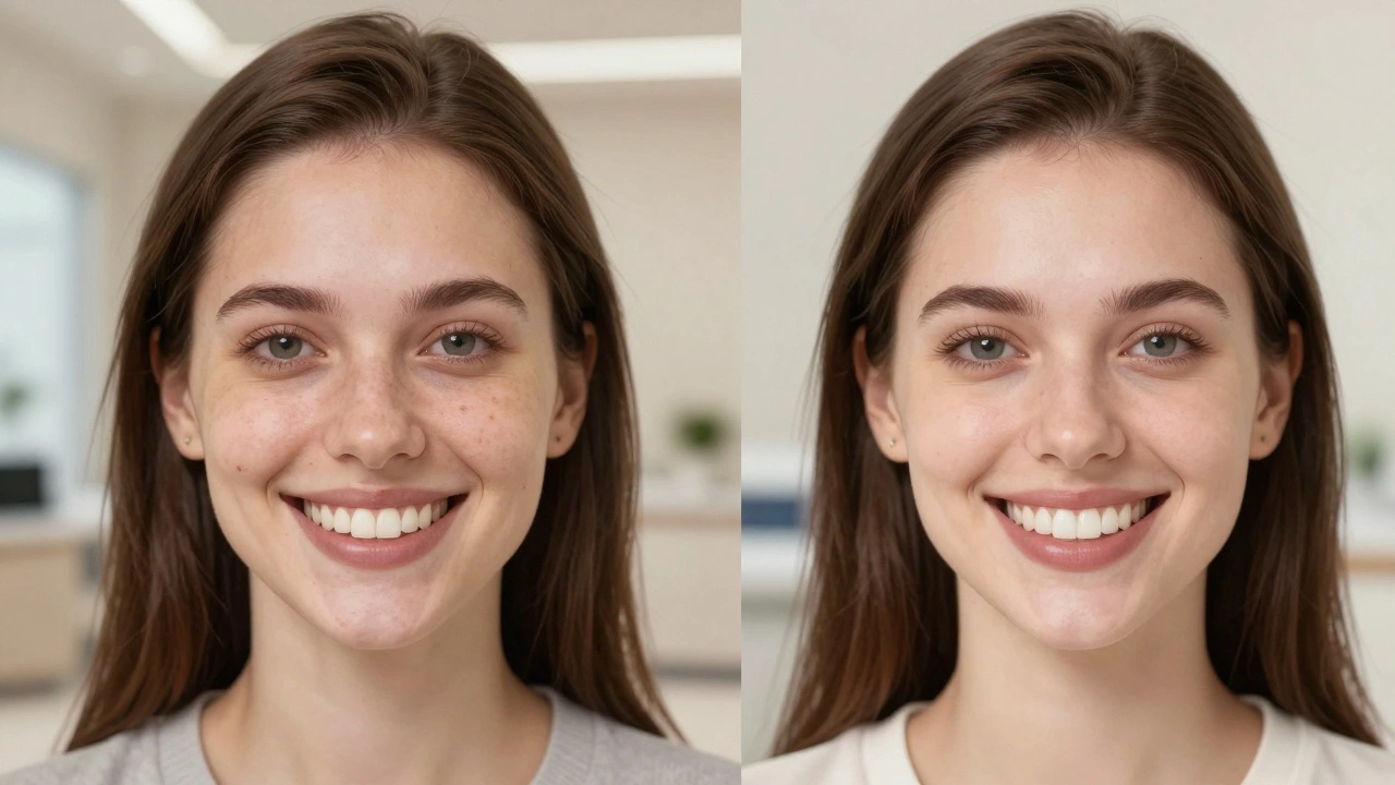 Woman smiling with before-and-after view of her teeth showing improved appearance after veneers.