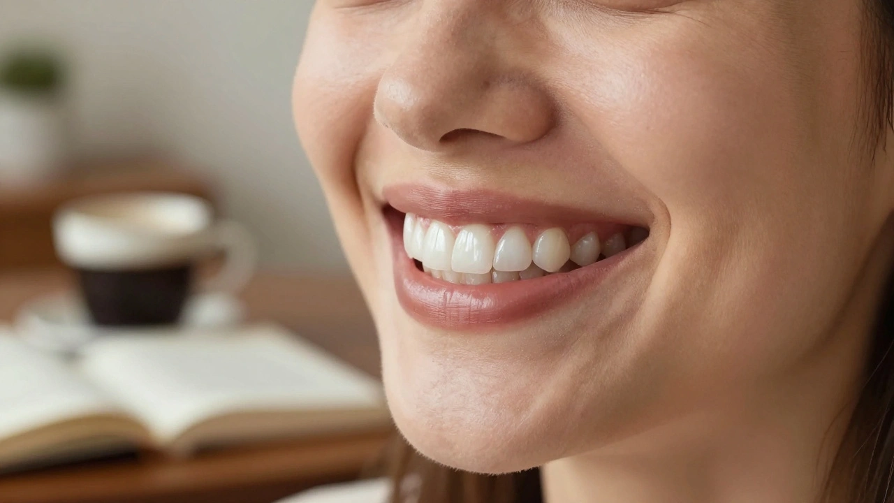 Woman smiling with natural-looking composite veneers in warm home lighting.