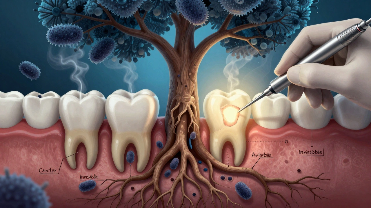Zub jako strom s kořeny, kde bakterie šíří infekci v kanálkách