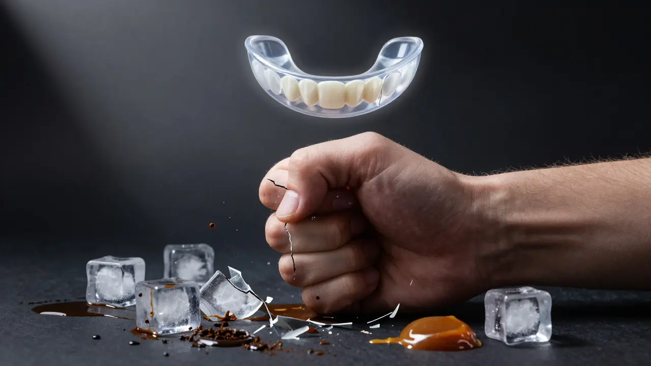 Zubní fazeta praská pod tlakem žvýkání ledu a karamelu, ochranná noční štětice ji chrání.