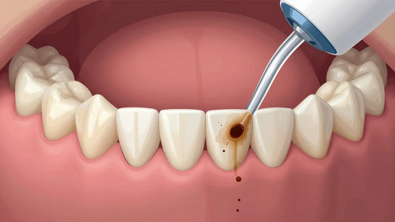 Zubní fazety s čistými mezery, opláchnuté vodním flosserem, bez znečištění.