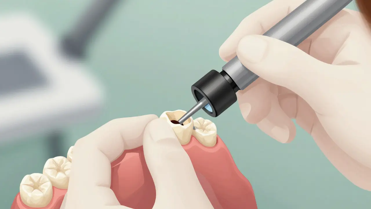 Zubní lékař prohledává okraj zubní fazety pomocí zvětšovacího přístroje.