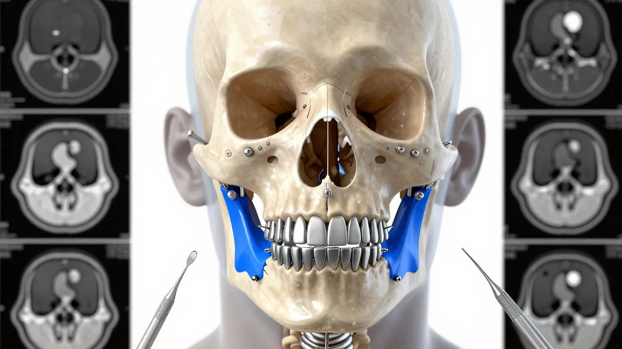 3D model lidské čelisti s titanovými implantáty a rentgenovými vrstvami.