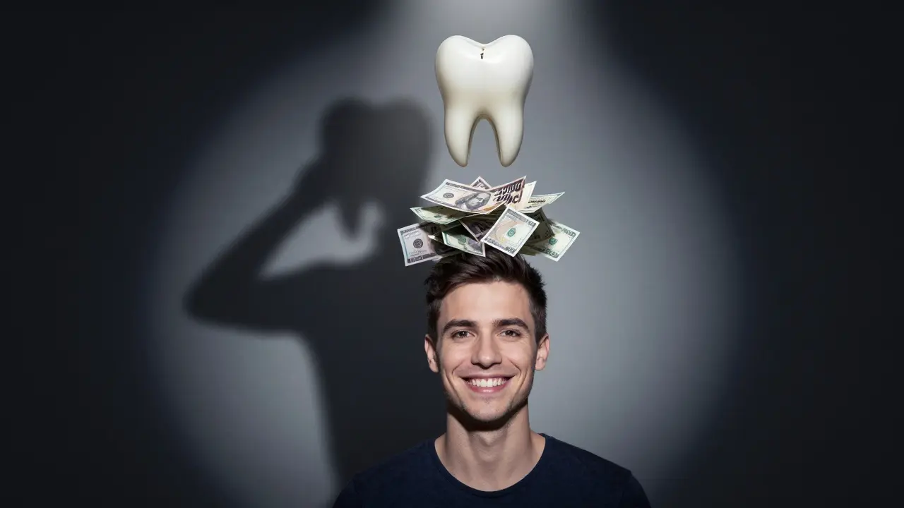Člověk se usmívá s dokonalým zubem, zatímco za ním padají peníze za opravu.