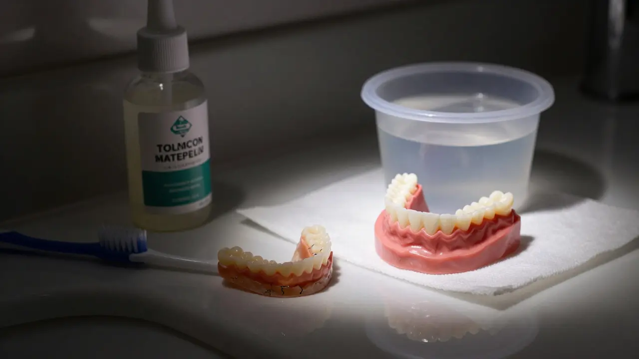 Damaged denture next to vinegar and regular toothbrush versus clean denture in soaking solution.
