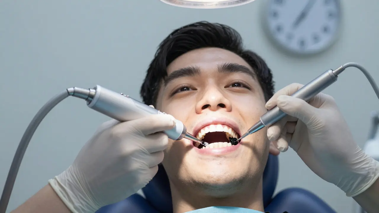 Dentista odstraňuje černý zubní kámen pomocí ultrazvuku, pacient v zrcadle ukazuje úlevu.