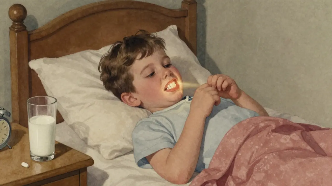 Dítě v 70. letech 20. století u postele, kde se tetracyklin váže k vytvářejícím se zubům.