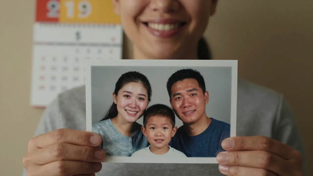Dospělá osoba se směje, drží rodinnou fotografii, stále viditelný otok tváře.