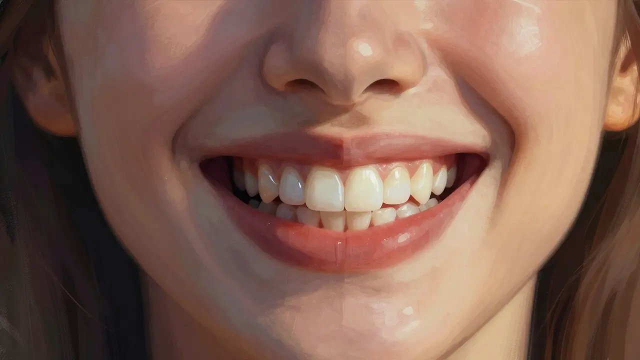 Dvoustranný portrét: jedna strana s poškozenými zuby, druhá s dokonalými fazetami, symbolizující přeměnu úsměvu.