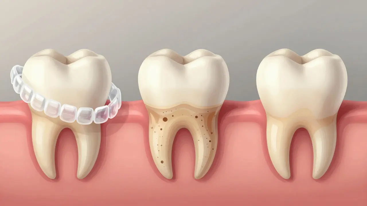 Ilustrace zubu v průběhu stabilizace v kosti po ortodontické léčbě.