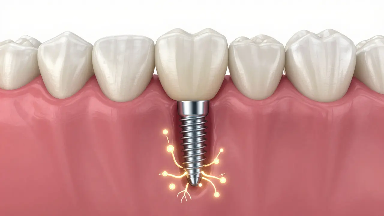 Implantát s aktivně rostoucími kostními buňkami, symbolizující obnovu zdraví.