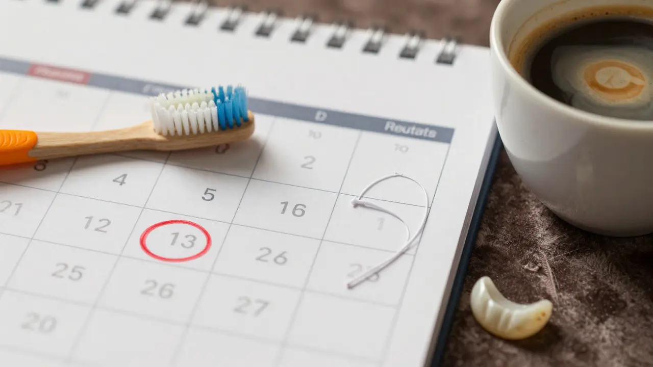 Kalendář s označenými návštěvami u hygienistky a potřeby pro domácí péči.