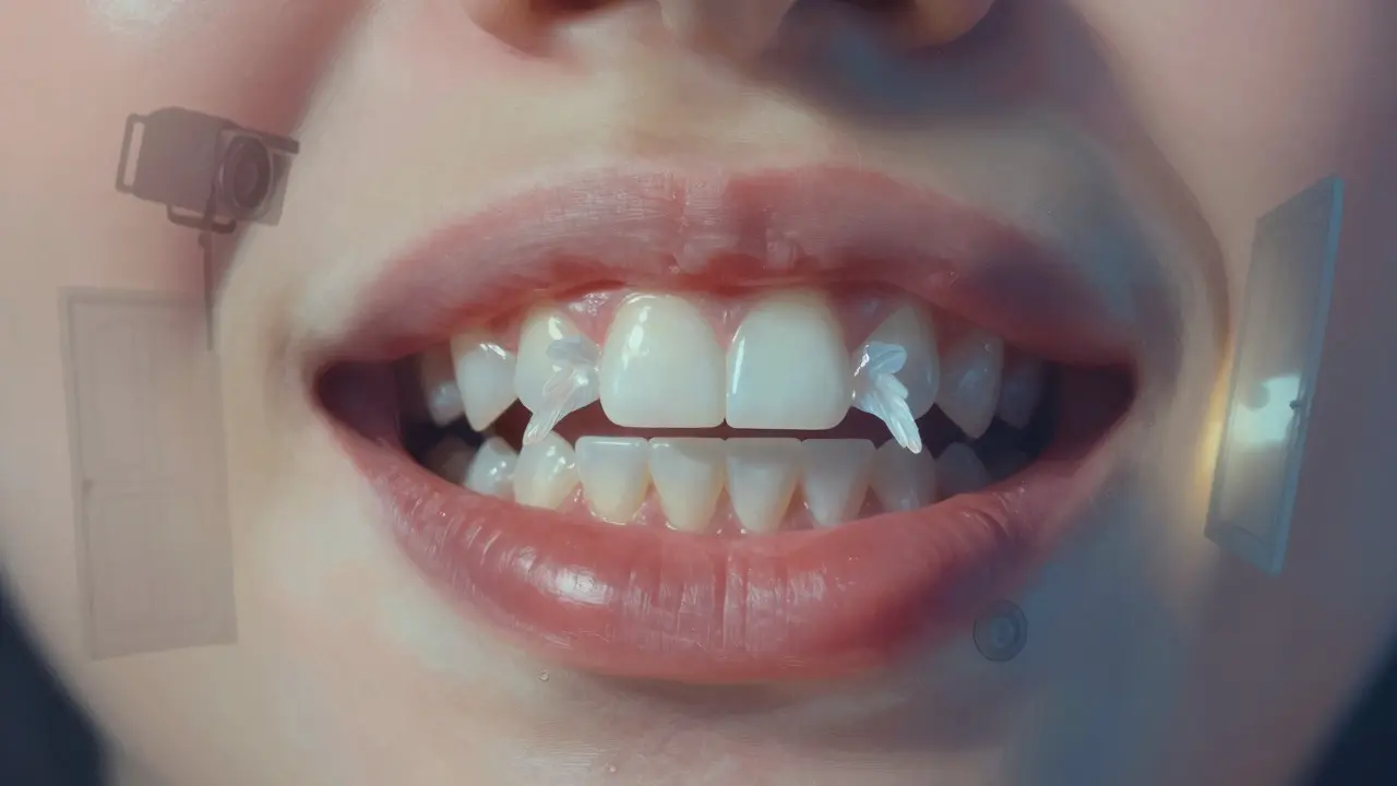 Konceptuální obrázek úsměvu s keramickými fazetami, které se mění z obav ve světlo.