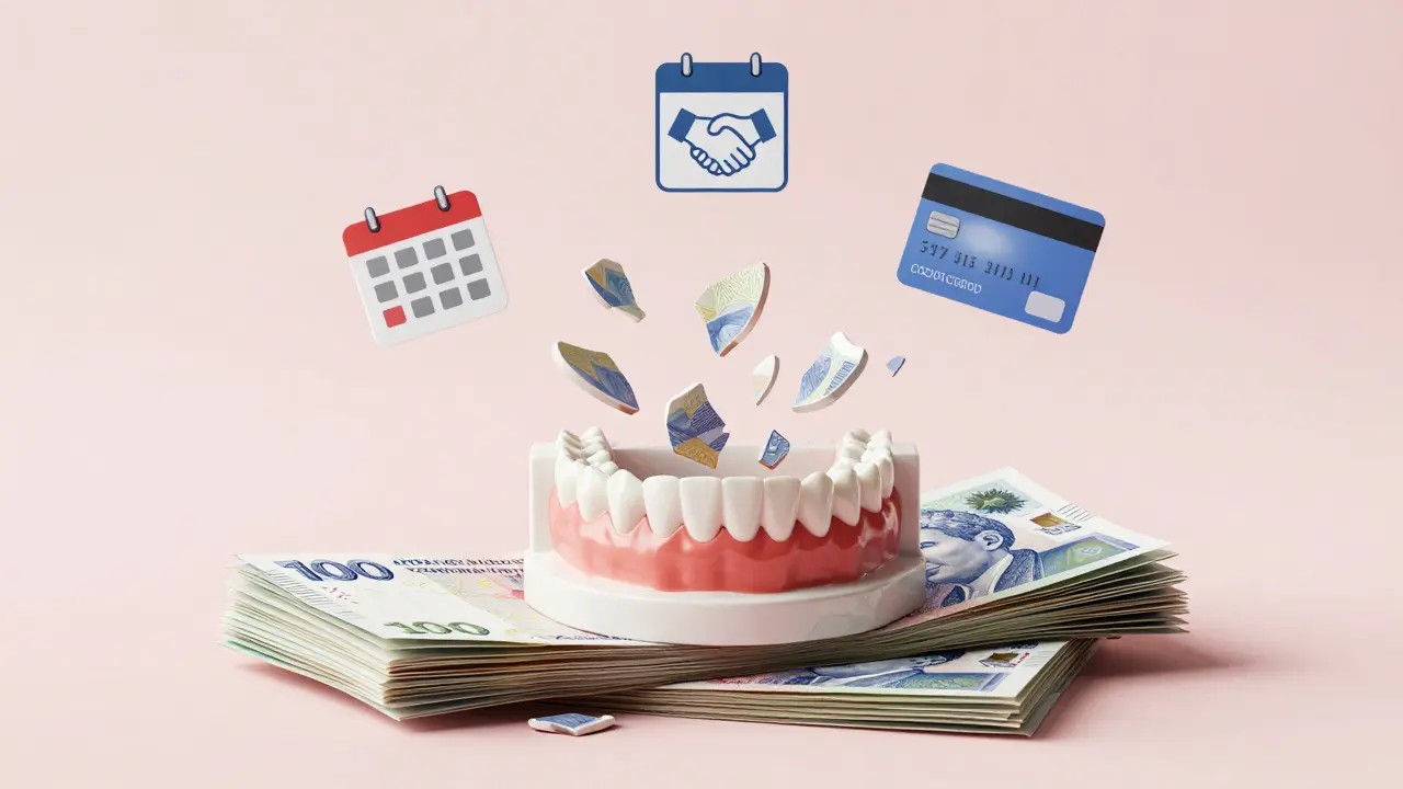 Koruny se mění v fazety nad zubním modelem, symbolizující financování estetické zubní léčby.