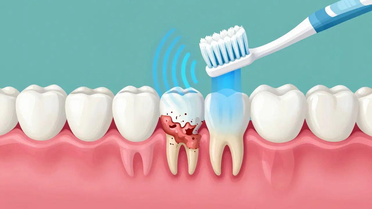 Křížový řez zubů a dásní s sonickými vlnami odstraňujícími plak a zánět.