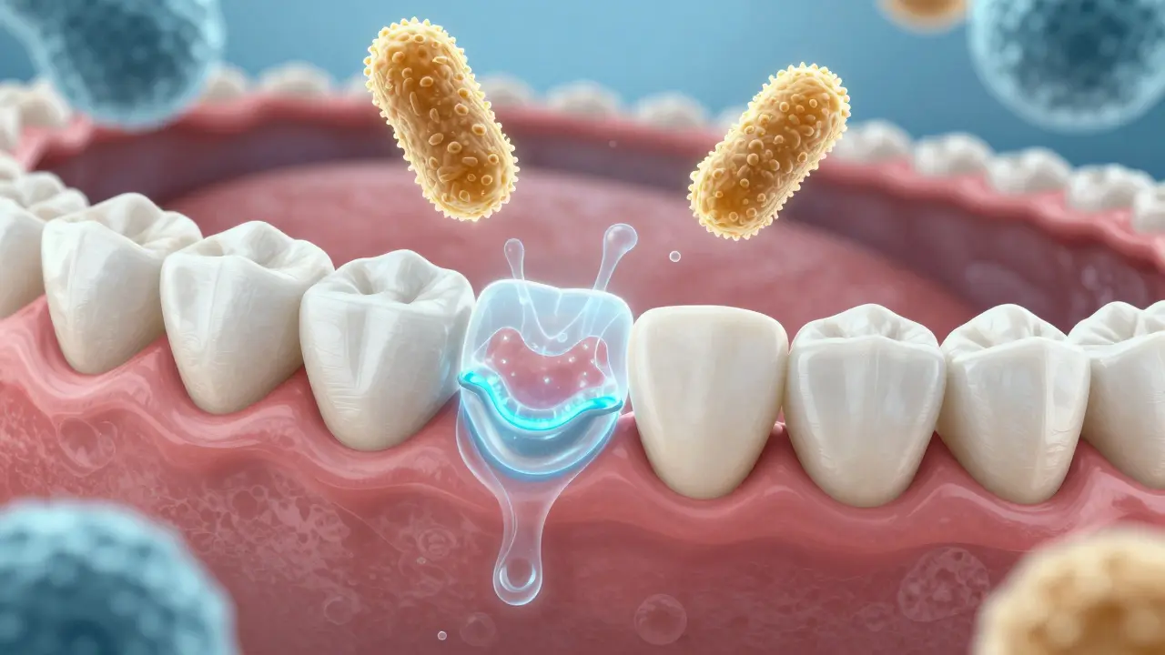 Mikroskopický pohled na bakterie v plaku a fluoridovou obnovu zubní sklovině.