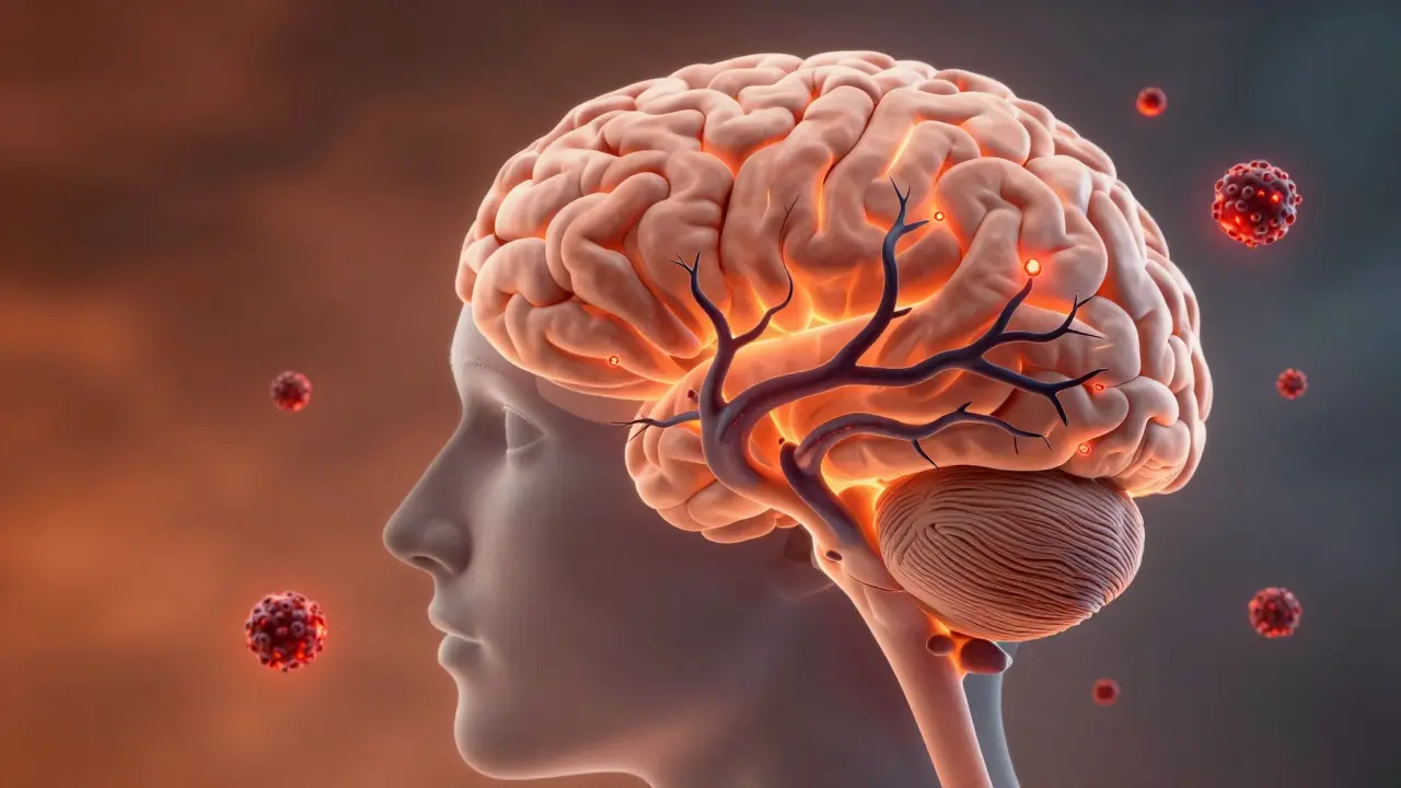 Mozek s černými útvary z úst rozšiřujícími se do mozkové kůry, symbolizujícími zánět ovlivňující koncentraci.