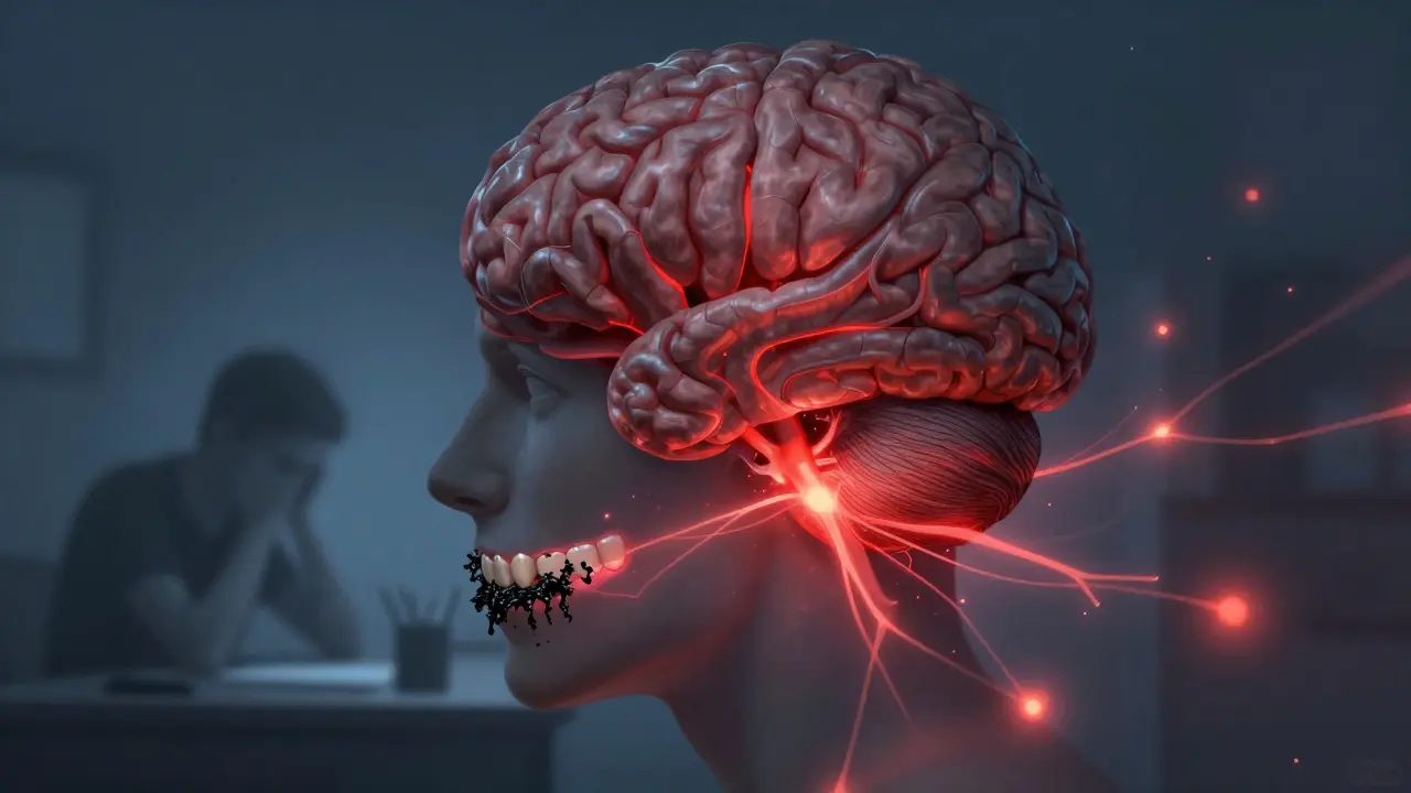 Mozek s červenými zánětlivými signály šířícími se z úst, kde je černý zubní kámen.