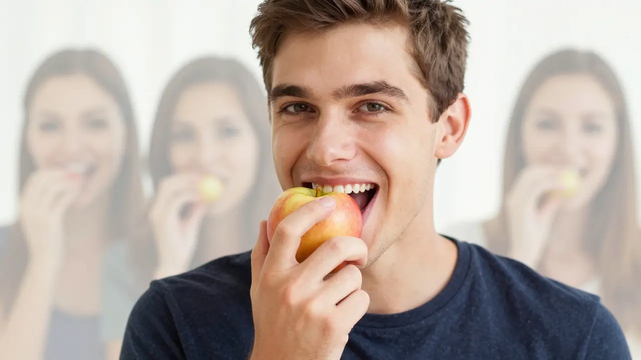 Muž kousne do jablka se spolehlivým úsměvem, zatímco za ním vynikají stíny lidí s omezeným úsměvem.