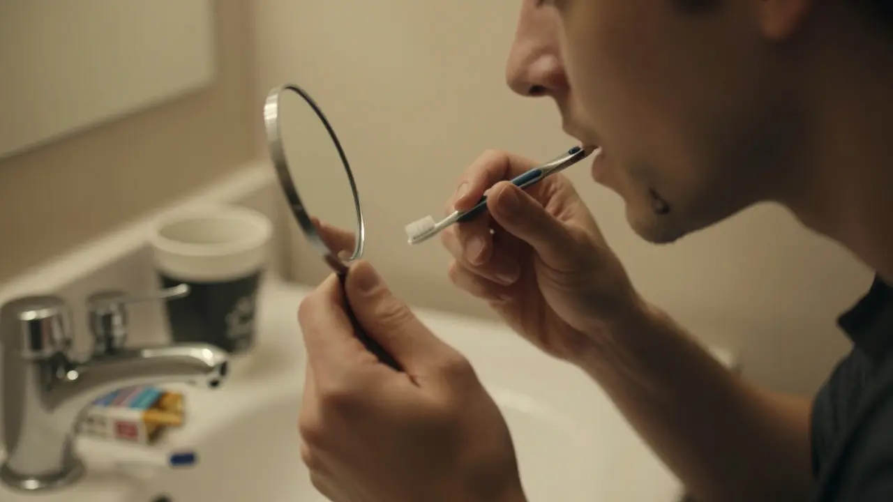 Osoba se dívá do zrcátka a vidí tmavý nános na zubech ve světle koupelny.