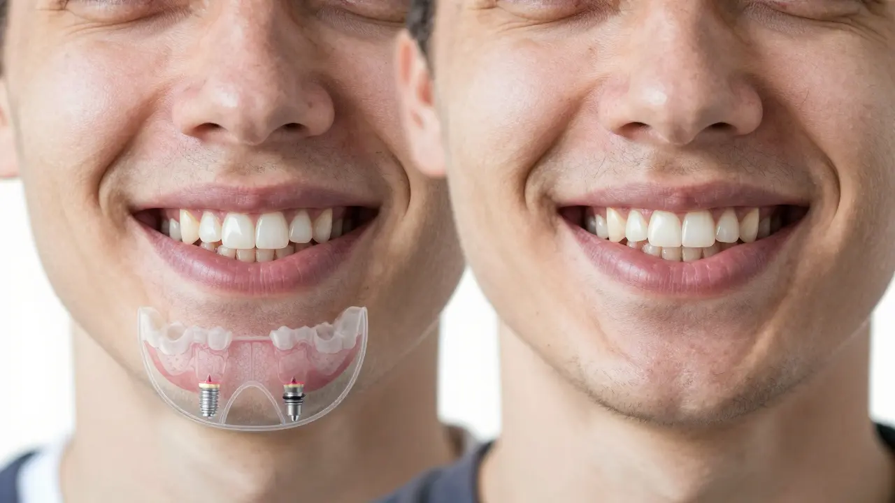 Pacient se smířeným úsměvem, jehož tvář byla obnovena implantáty a zdravou kostí.