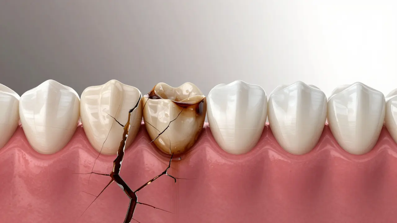 Porovnání poškozené a zdravé skloviny zubu s pigmenty a fluoridem.